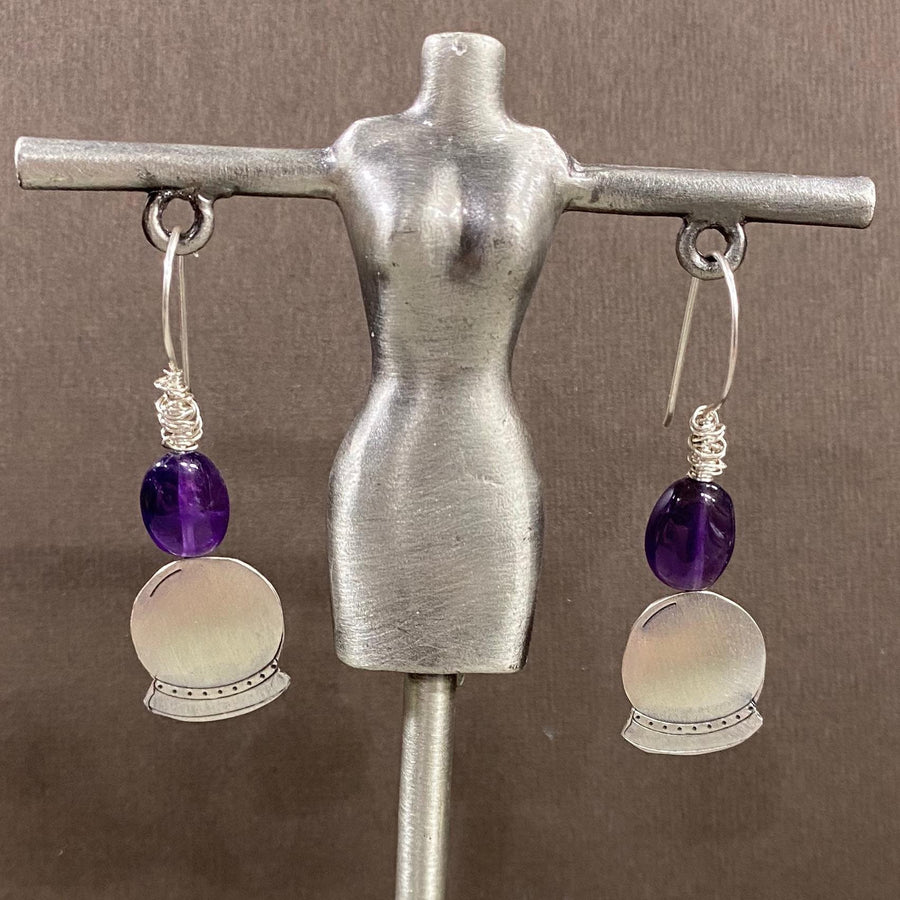 Artisan Sterling Silver & Amethyst Crystal Ball or Snow Globes with Sterling Earwires Drop Dangle Earrings