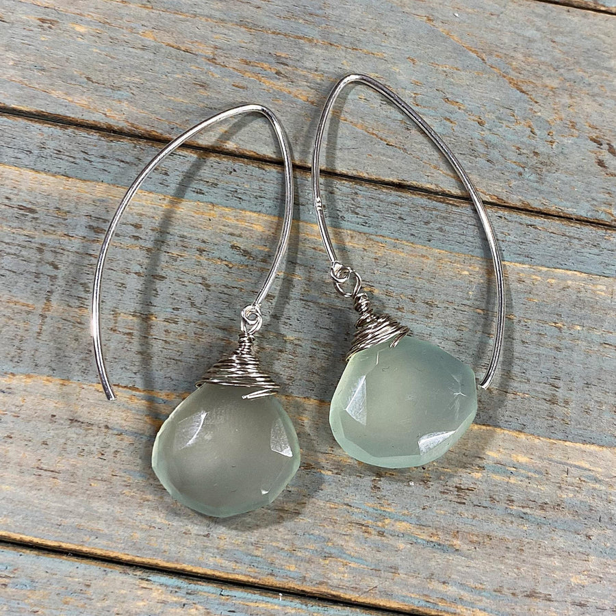 Artisan Sterling Silver & Aqua Chalcedony earrings with Sterling Earwires, Drop Dangle Earrings Light chatoyant blue green Briolette