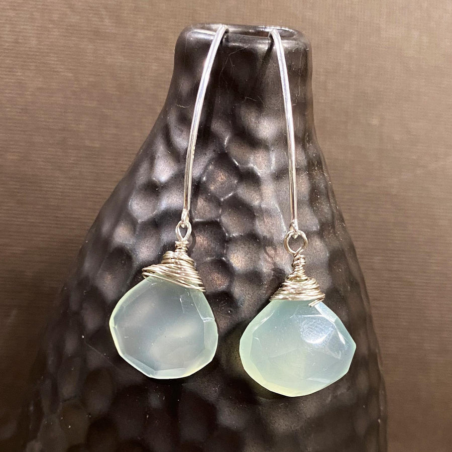 Artisan Sterling Silver & Aqua Chalcedony earrings with Sterling Earwires, Drop Dangle Earrings Light chatoyant blue green Briolette