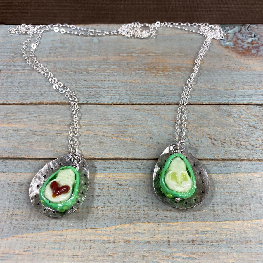 Artisan Love Avocado Necklace Set of 2 Halves w/Heart pit Couples Mother/Daughter Sterling Silver & Lampwork Glass One of a Kind Set OOAK