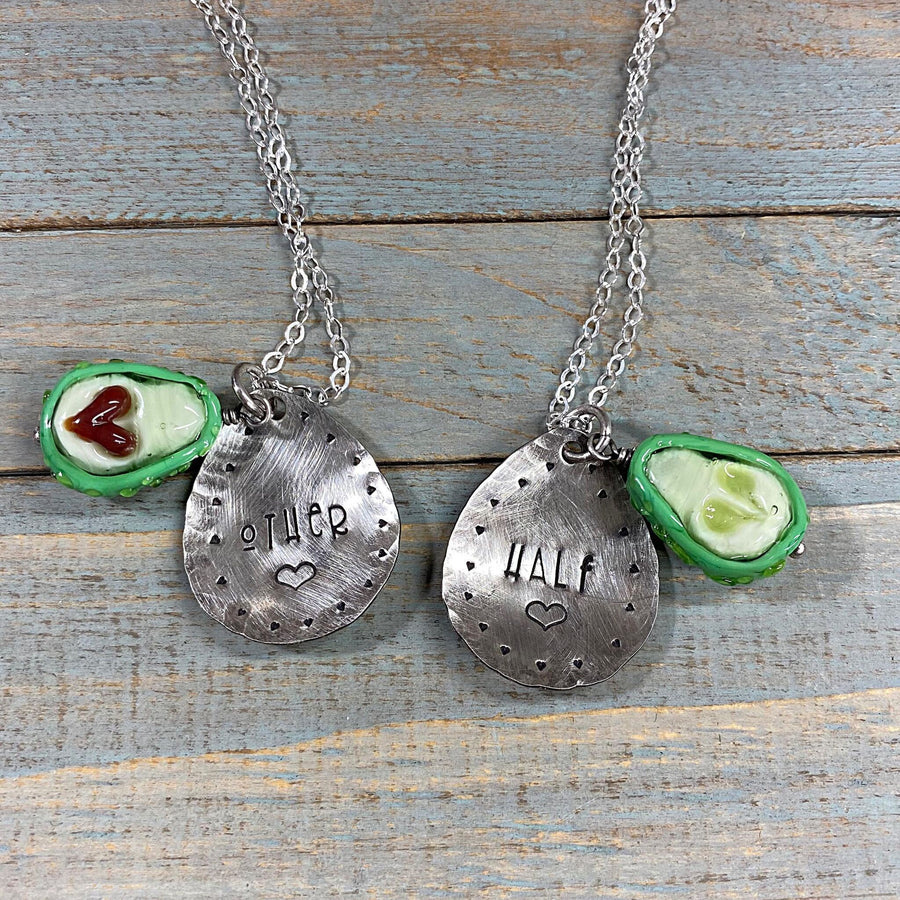 Artisan Love Avocado Necklace Set of 2 Halves w/Heart pit Couples Mother/Daughter Sterling Silver & Lampwork Glass One of a Kind Set OOAK