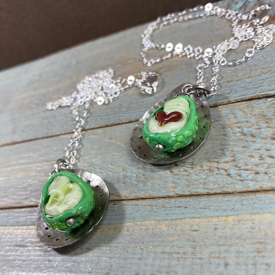 Artisan Love Avocado Necklace Set of 2 Halves w/Heart pit Couples Mother/Daughter Sterling Silver & Lampwork Glass One of a Kind Set OOAK