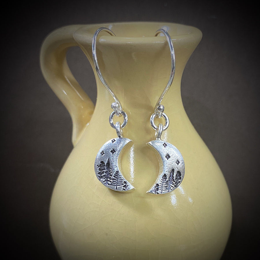 Artisan Sterling Silver Stamped forest starry sky Moon Earrings,Minimalist, Ear Wire, Unique, Original Trees Starry Night