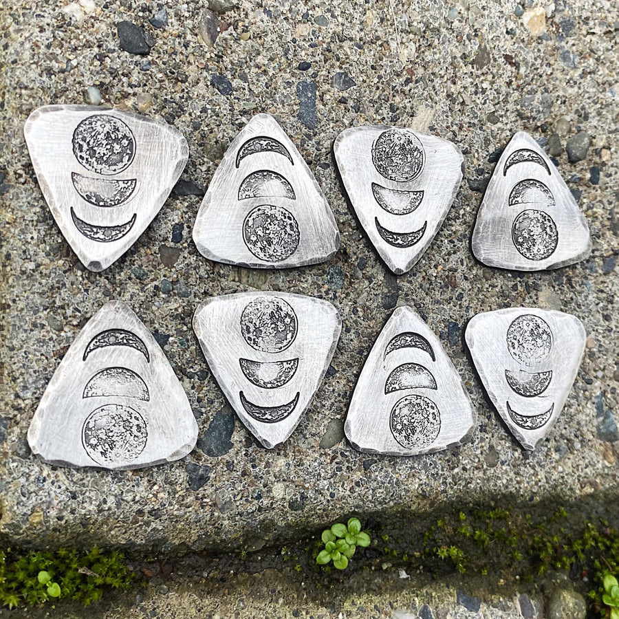 Full Set of Elder Furthark Casting Runes, Triangular, Helm of Awe, Crow, Moon Phases, Leather Pouch, Handcast, stamped and hammered Pewter