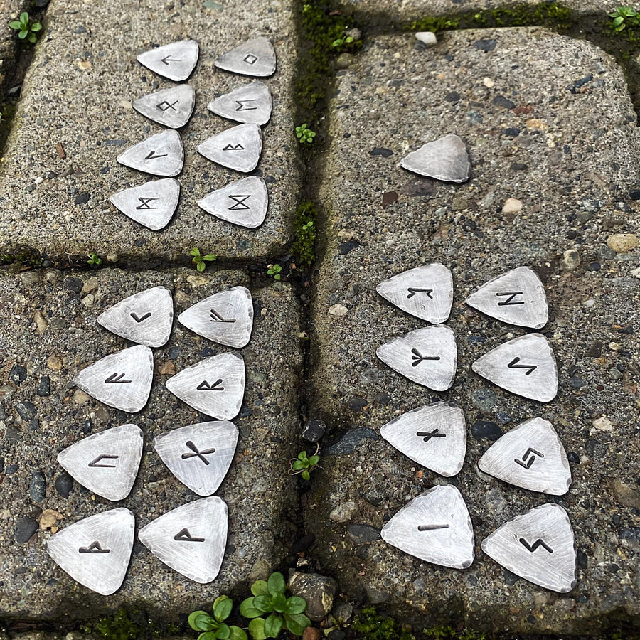 Full Set of Elder Furthark Casting Runes, Triangular, Helm of Awe, Crow, Moon Phases, Leather Pouch, Handcast, stamped and hammered Pewter