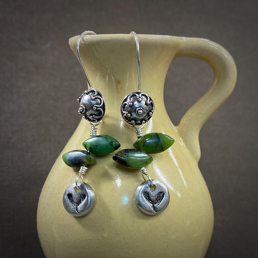 Artisan Sterling Silver & Green Chrysoprase Leaves with tiny hand-casted pewter accents on Sterling Earwires Drop Dangle Earrings