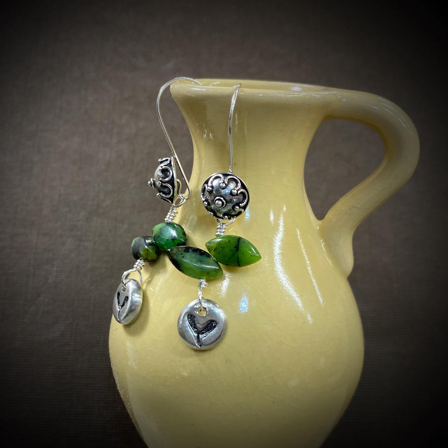 Artisan Sterling Silver & Green Chrysoprase Leaves with tiny hand-casted pewter accents on Sterling Earwires Drop Dangle Earrings