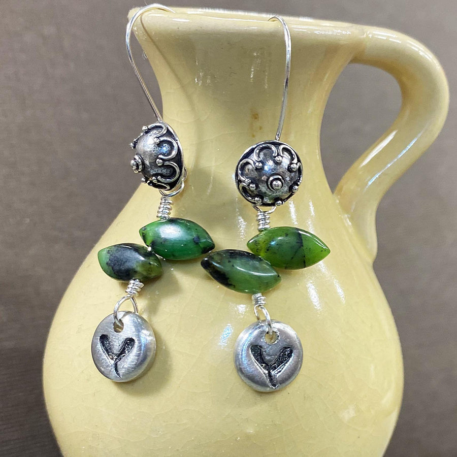 Artisan Sterling Silver & Green Chrysoprase Leaves with tiny hand-casted pewter accents on Sterling Earwires Drop Dangle Earrings