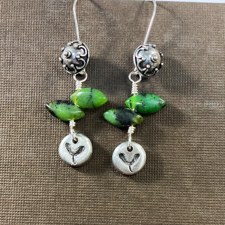 Artisan Sterling Silver & Green Chrysoprase Leaves with tiny hand-casted pewter accents on Sterling Earwires Drop Dangle Earrings