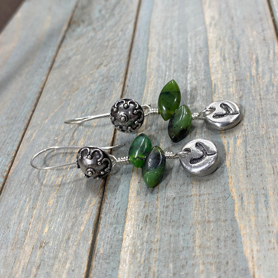 Artisan Sterling Silver & Green Chrysoprase Leaves with tiny hand-casted pewter accents on Sterling Earwires Drop Dangle Earrings