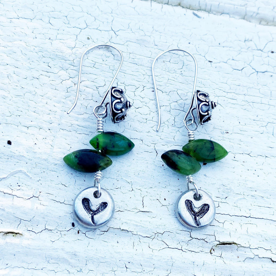 Artisan Sterling Silver & Green Chrysoprase Leaves with tiny hand-casted pewter accents on Sterling Earwires Drop Dangle Earrings