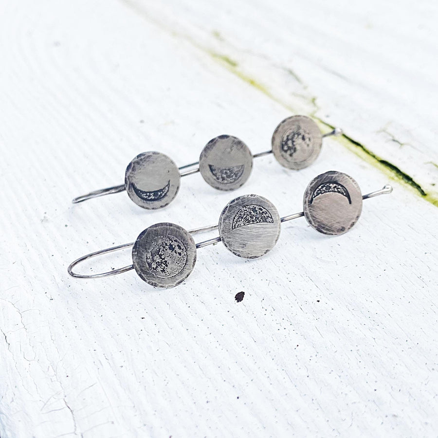 Artisan Sterling Silver Handmade MOON PHASE Earrings.  Rustic, Straight Drop, Oxidized, One of a Kind and Stunning for almost any Occasion.