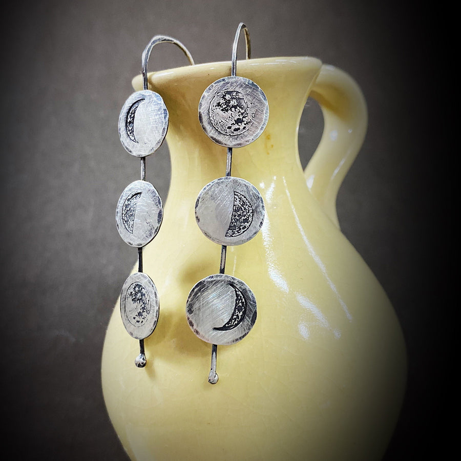 Artisan Sterling Silver Handmade MOON PHASE Earrings.  Rustic, Straight Drop, Oxidized, One of a Kind and Stunning for almost any Occasion.