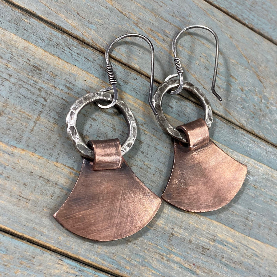 Artisan Sterling Silver and Copper Handmade Silversmith Vegsivir Earrings on Thor’s Hammer shape. Rustic, Strong, Nordic, Viking, Runes