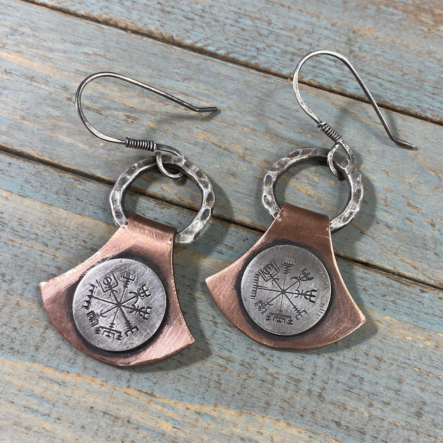 Artisan Sterling Silver and Copper Handmade Silversmith Vegsivir Earrings on Thor’s Hammer shape. Rustic, Strong, Nordic, Viking, Runes