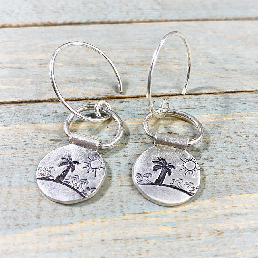 Artisan Sterling Silver Palm Tree, Surf Ocean, Sun and Sand Getaway, Hawaii, Earrings, Stamped,Minimalist, Ear Wire, Unique, Original