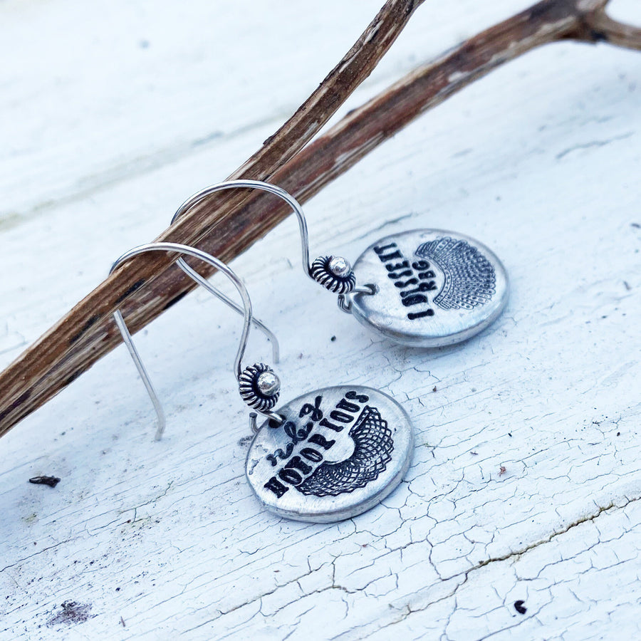 Artisan Sterling Silver & Pewter RBG Ruth Bader Ginsburg Notorious Jabot Collar Dissent Lace Collar Earrings,Minimalist, Ear Wire, Unique