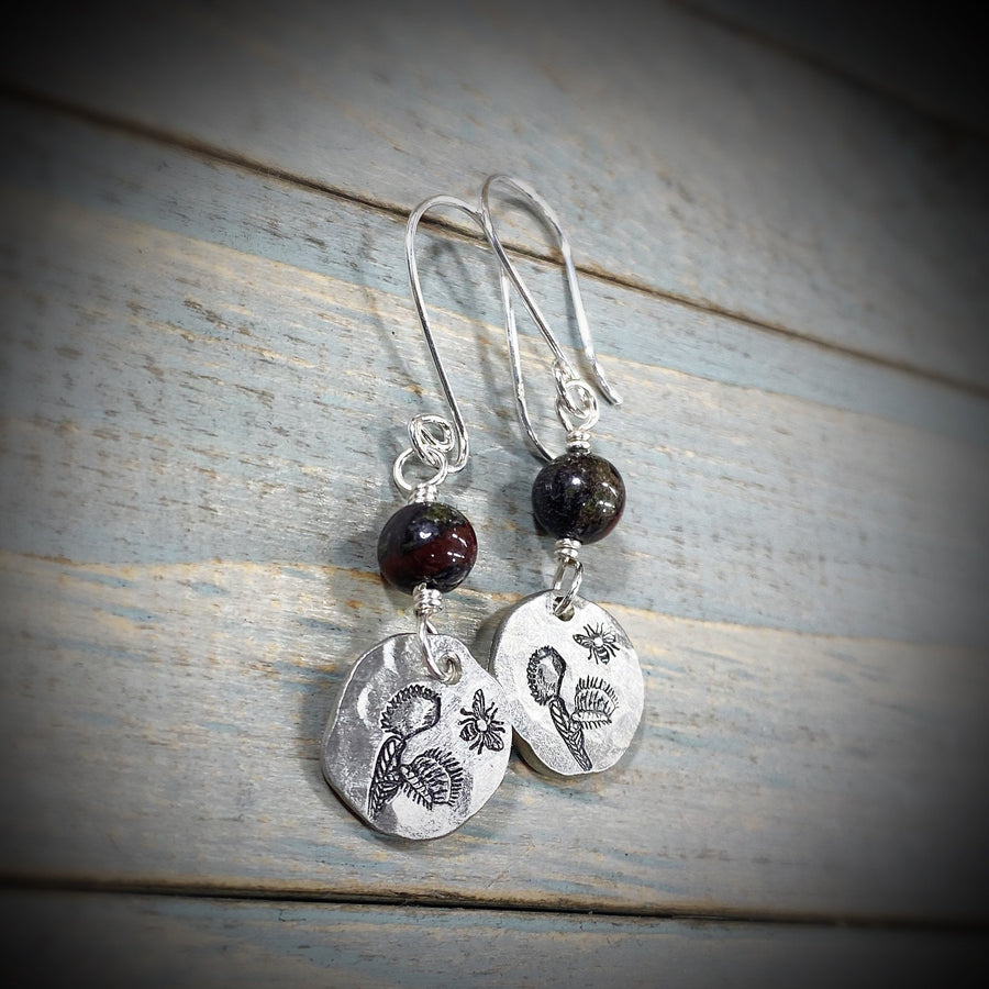 Artisan Sterling Silver & Dragon BloodStone with hand-casted pewter accents stamped with a Venus Fly Trap and Fly Sterling Earwires Earrings