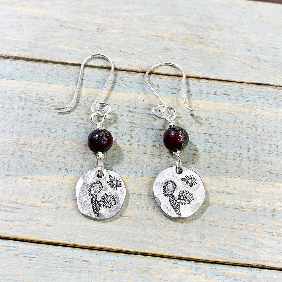 Artisan Sterling Silver & Dragon BloodStone with hand-casted pewter accents stamped with a Venus Fly Trap and Fly Sterling Earwires Earrings