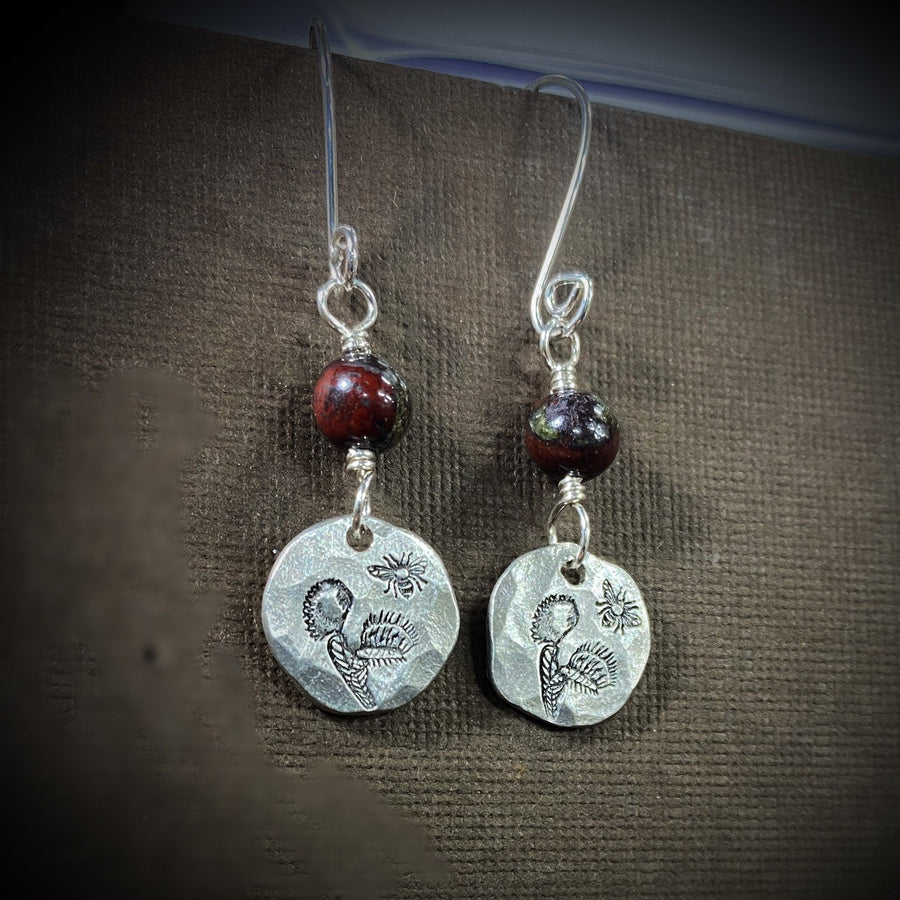 Artisan Sterling Silver & Dragon BloodStone with hand-casted pewter accents stamped with a Venus Fly Trap and Fly Sterling Earwires Earrings