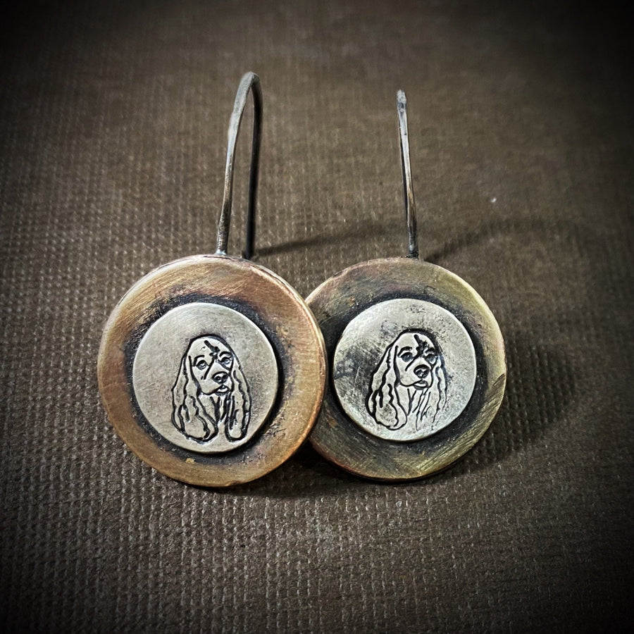 Artisan Sterling Silver and Brass Layered and Antiqued Cocker Spaniel Dog Face Earrings, Unique Gift, Fun  Minimalist Rustic French Wires