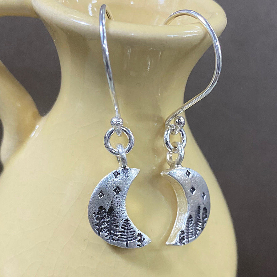 Artisan Sterling Silver Stamped forest starry sky Moon Earrings,Minimalist, Ear Wire, Unique, Original Trees Starry Night