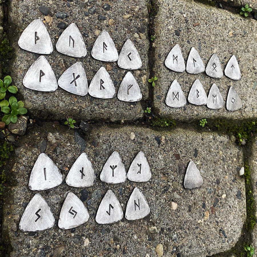 Full Set of Elder Furthark Casting Runes, Triangular, Helm of Awe, Crow, Moon Phases, Leather Pouch, Handcast, stamped and hammered Pewter