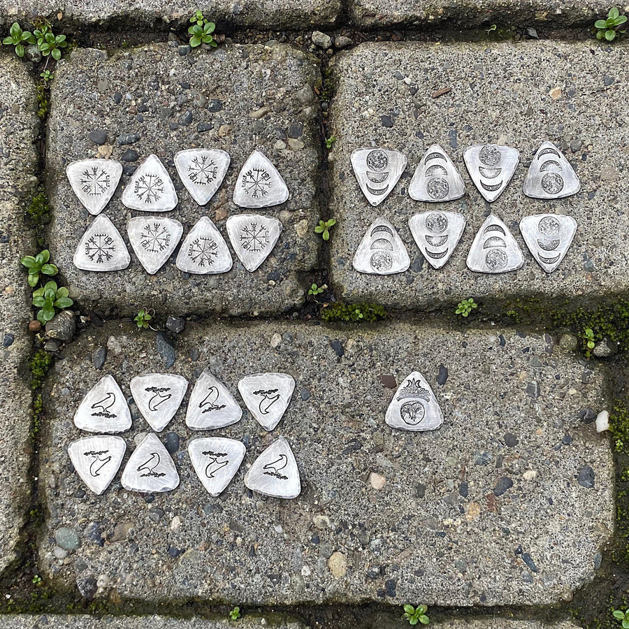 Full Set of Elder Furthark Casting Runes, Triangular, Helm of Awe, Crow, Moon Phases, Leather Pouch, Handcast, stamped and hammered Pewter