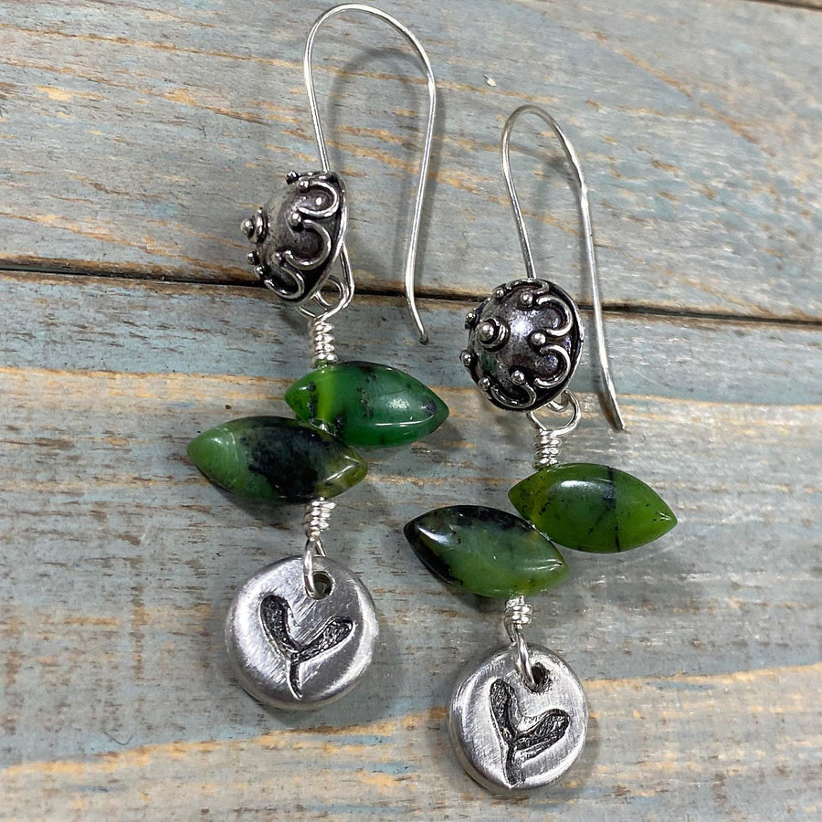 Artisan Sterling Silver & Green Chrysoprase Leaves with tiny hand-casted pewter accents on Sterling Earwires Drop Dangle Earrings