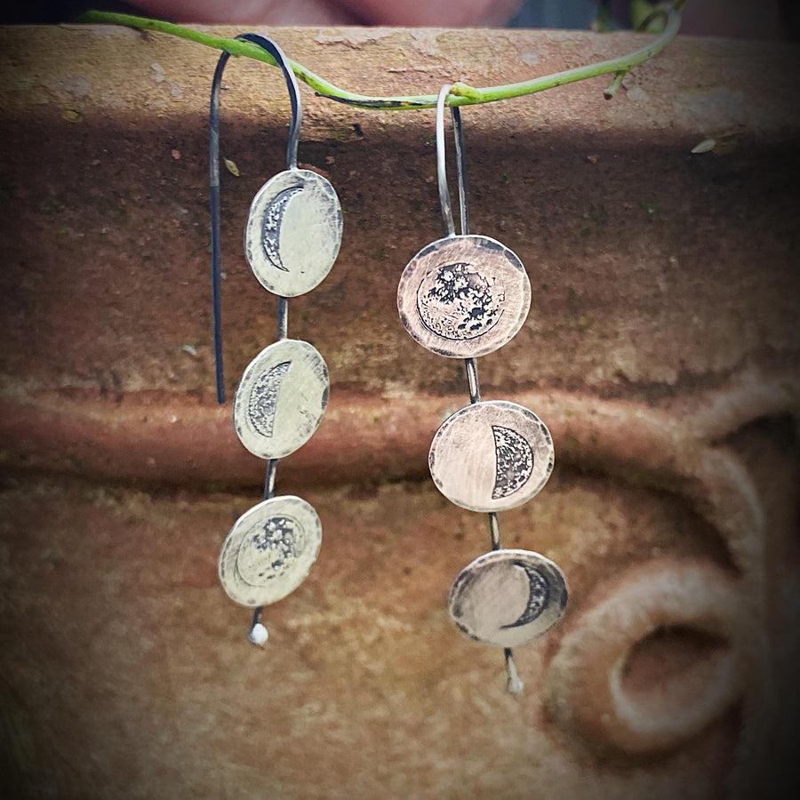 Artisan Sterling Silver Handmade MOON PHASE Earrings.  Rustic, Straight Drop, Oxidized, One of a Kind and Stunning for almost any Occasion.