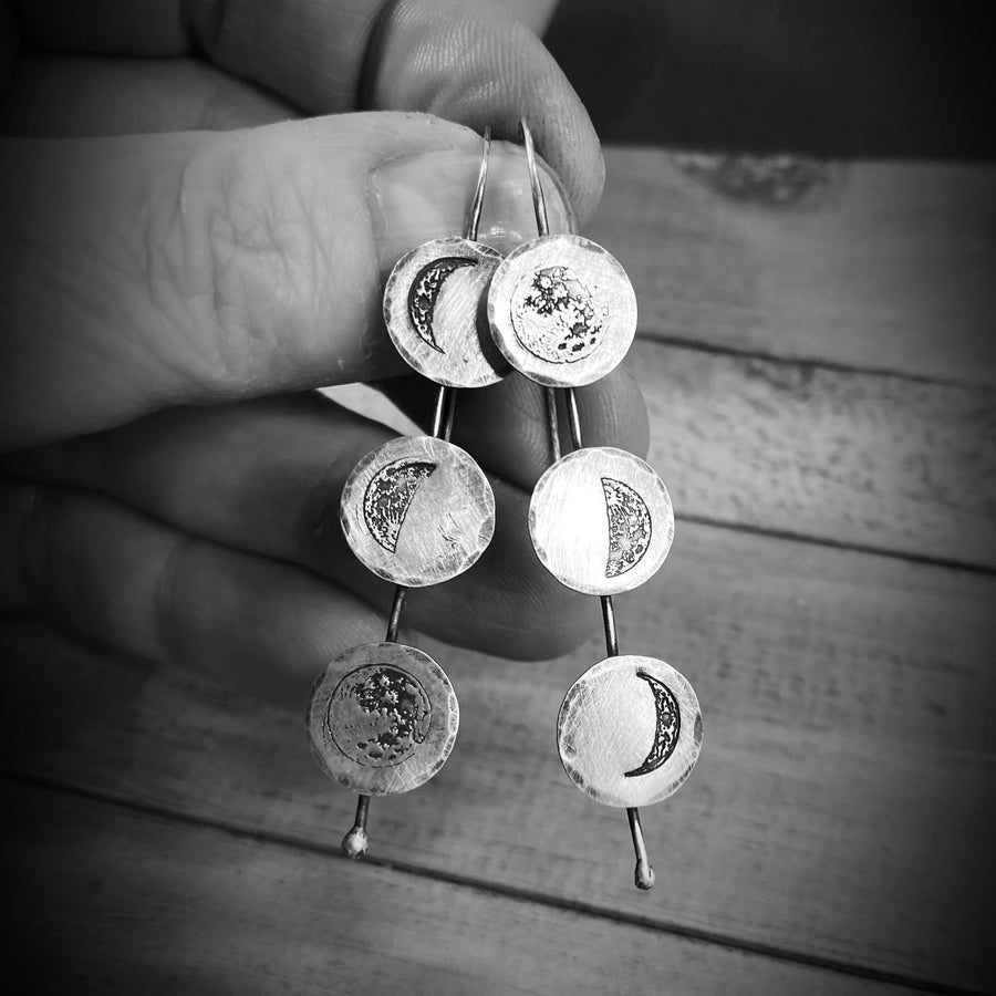 Artisan Sterling Silver Handmade MOON PHASE Earrings.  Rustic, Straight Drop, Oxidized, One of a Kind and Stunning for almost any Occasion.