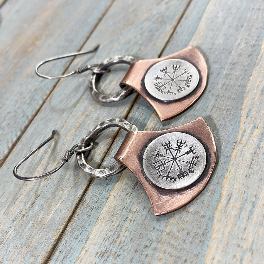 Artisan Sterling Silver and Copper Handmade Silversmith Vegsivir Earrings on Thor’s Hammer shape. Rustic, Strong, Nordic, Viking, Runes