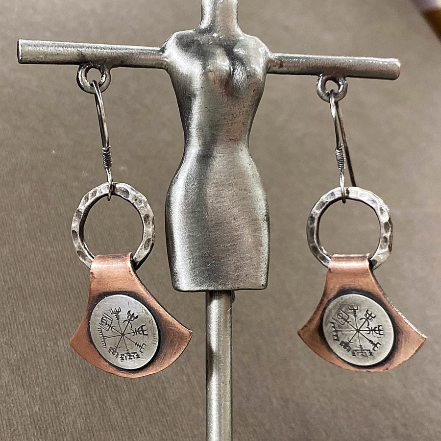 Artisan Sterling Silver and Copper Handmade Silversmith Vegsivir Earrings on Thor’s Hammer shape. Rustic, Strong, Nordic, Viking, Runes