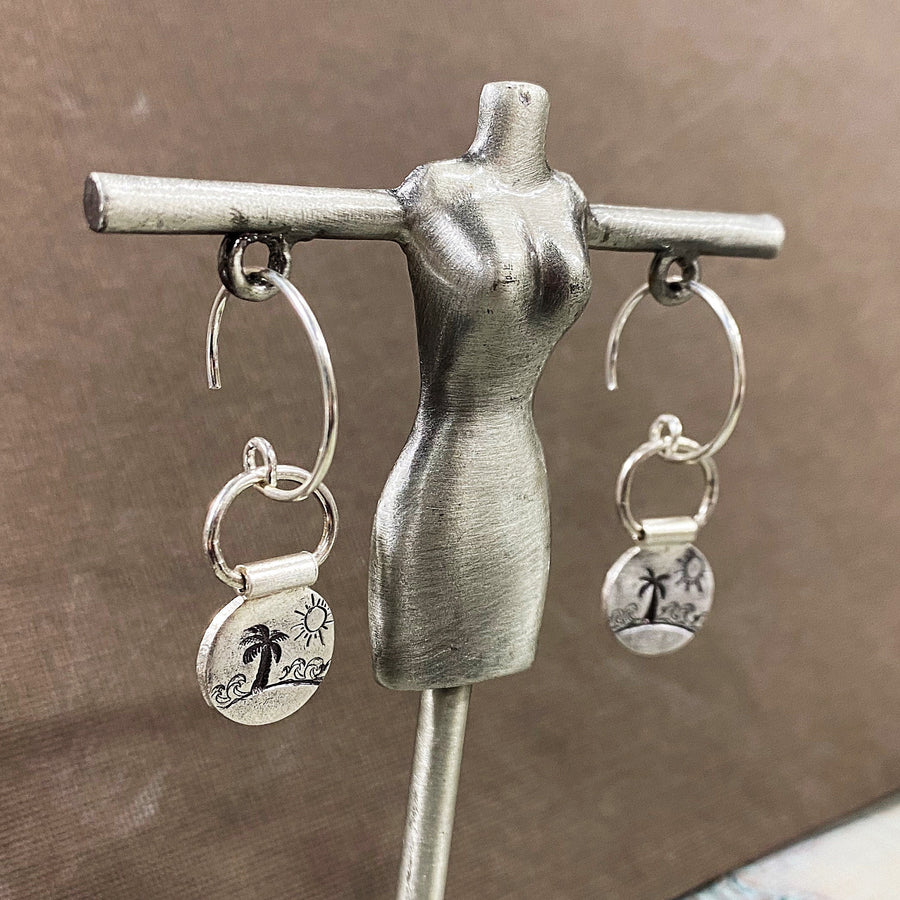 Artisan Sterling Silver Palm Tree, Surf Ocean, Sun and Sand Getaway, Hawaii, Earrings, Stamped,Minimalist, Ear Wire, Unique, Original