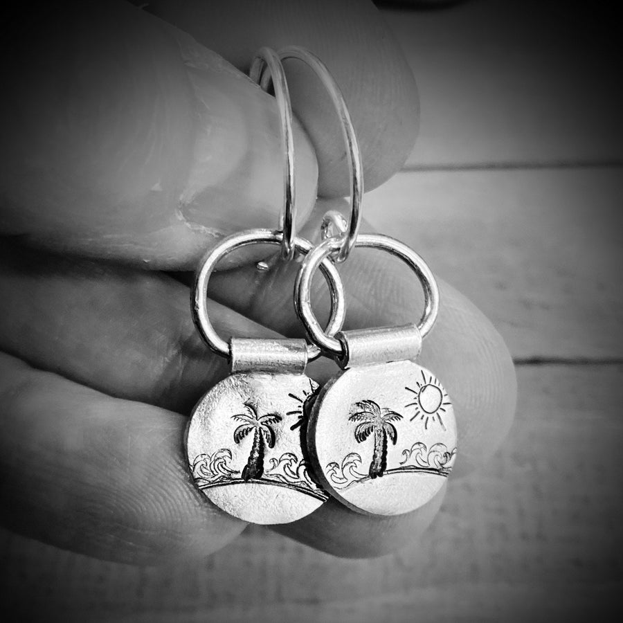 Artisan Sterling Silver Palm Tree, Surf Ocean, Sun and Sand Getaway, Hawaii, Earrings, Stamped,Minimalist, Ear Wire, Unique, Original