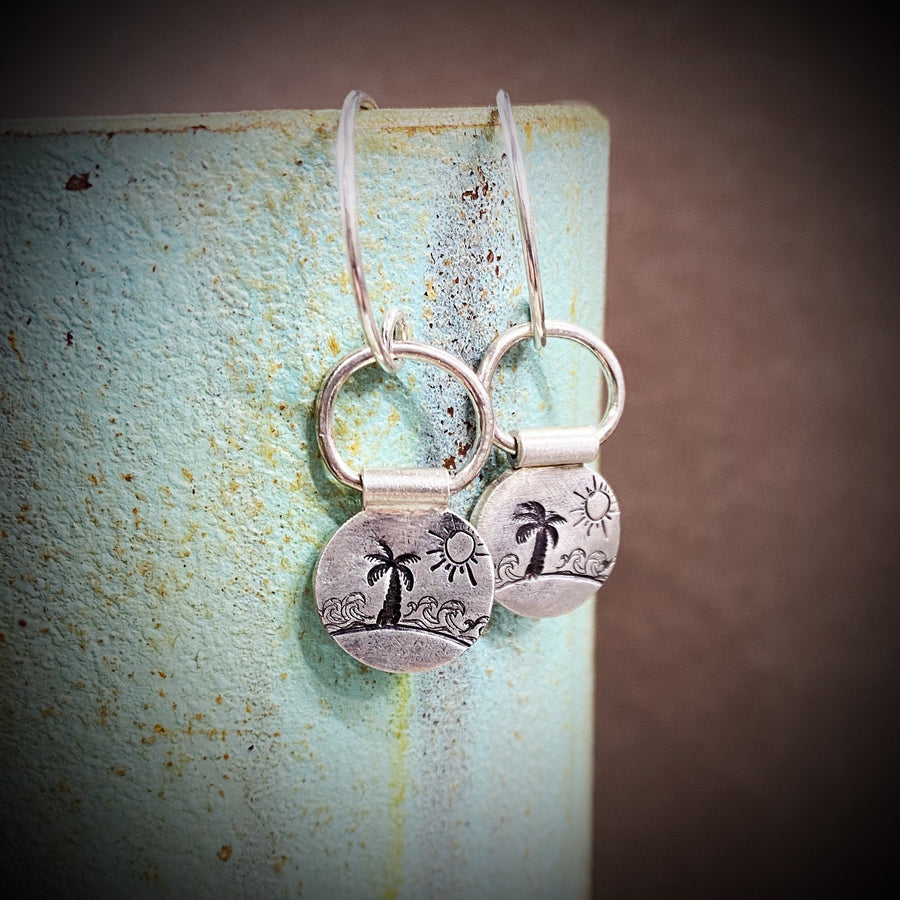 Artisan Sterling Silver Palm Tree, Surf Ocean, Sun and Sand Getaway, Hawaii, Earrings, Stamped,Minimalist, Ear Wire, Unique, Original