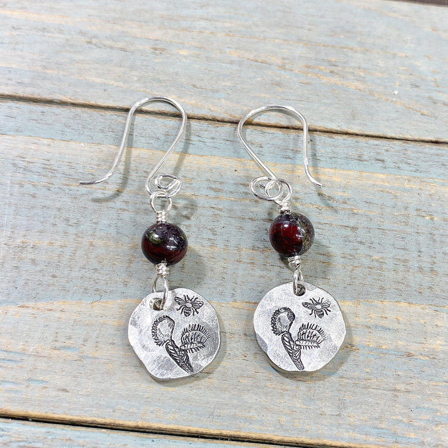 Artisan Sterling Silver & Dragon BloodStone with hand-casted pewter accents stamped with a Venus Fly Trap and Fly Sterling Earwires Earrings