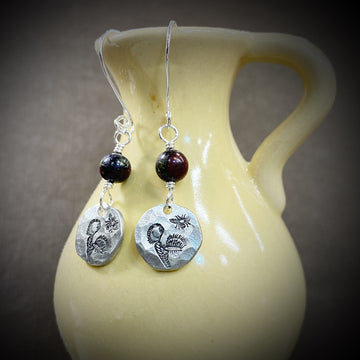 Artisan Sterling Silver & Dragon BloodStone with hand-casted pewter accents stamped with a Venus Fly Trap and Fly Sterling Earwires Earrings