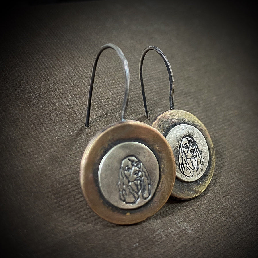 Artisan Sterling Silver and Brass Layered and Antiqued Cocker Spaniel Dog Face Earrings, Unique Gift, Fun  Minimalist Rustic French Wires