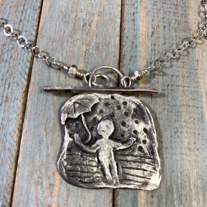 Happy In The Rain - Rustic Fine Silver Rain Umbrella Scene Pendant, Metal Clay with Blue Kyanite Beads & Recycled Silver