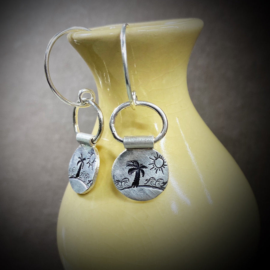 Artisan Sterling Silver Palm Tree, Surf Ocean, Sun and Sand Getaway, Hawaii, Earrings, Stamped,Minimalist, Ear Wire, Unique, Original