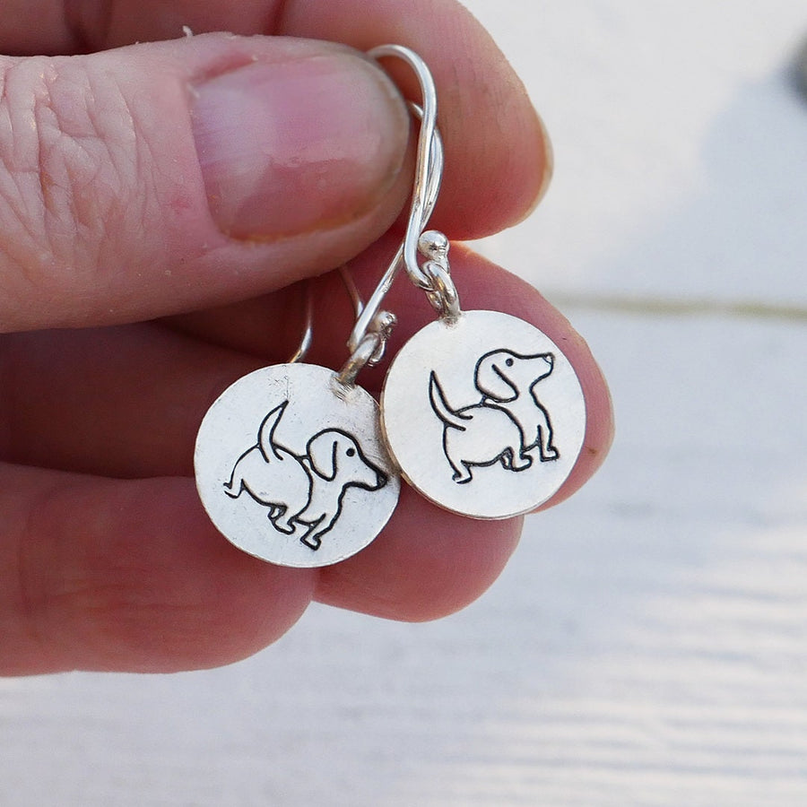 Artisan Sterling Silver Little Daschund Dog Earrings, Weiner Dog Earrings, Doxie Earrings, Minimalist, Ear Wire, Round, doggie butt earrings