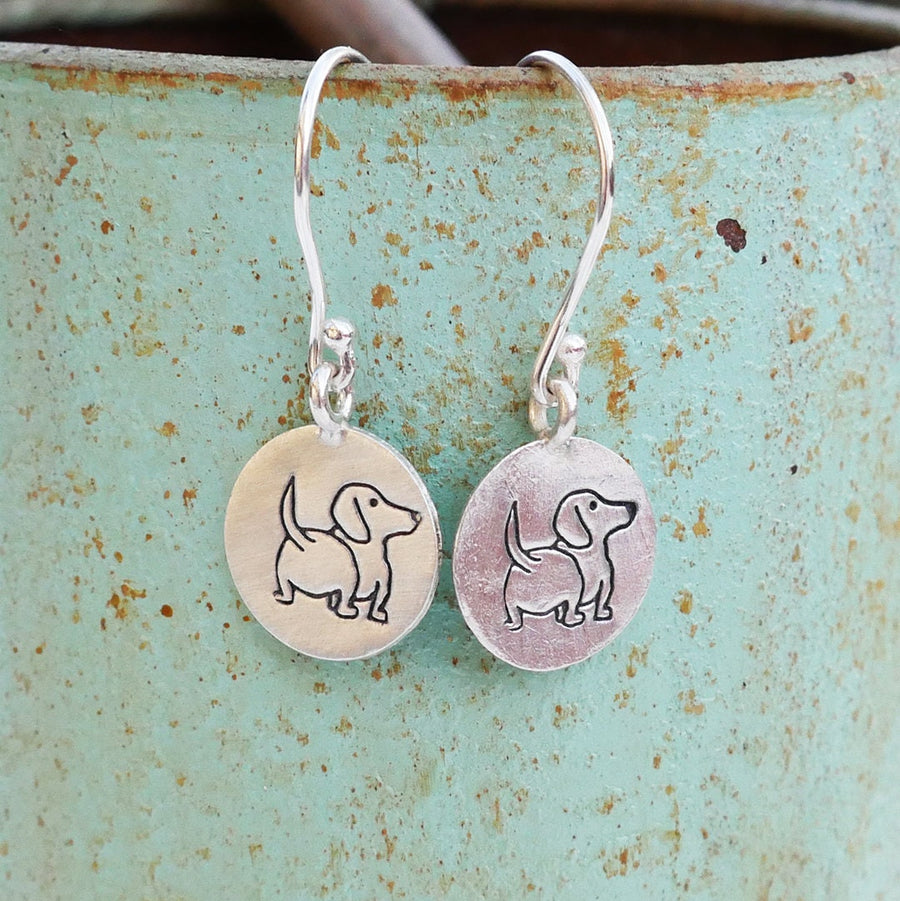 Artisan Sterling Silver Little Daschund Dog Earrings, Weiner Dog Earrings, Doxie Earrings, Minimalist, Ear Wire, Round, doggie butt earrings