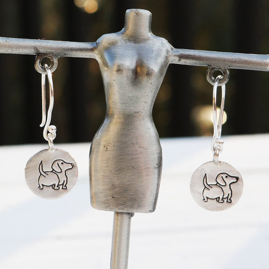 Artisan Sterling Silver Little Daschund Dog Earrings, Weiner Dog Earrings, Doxie Earrings, Minimalist, Ear Wire, Round, doggie butt earrings