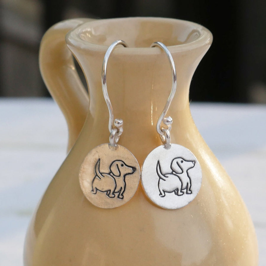 Artisan Sterling Silver Little Daschund Dog Earrings, Weiner Dog Earrings, Doxie Earrings, Minimalist, Ear Wire, Round, doggie butt earrings