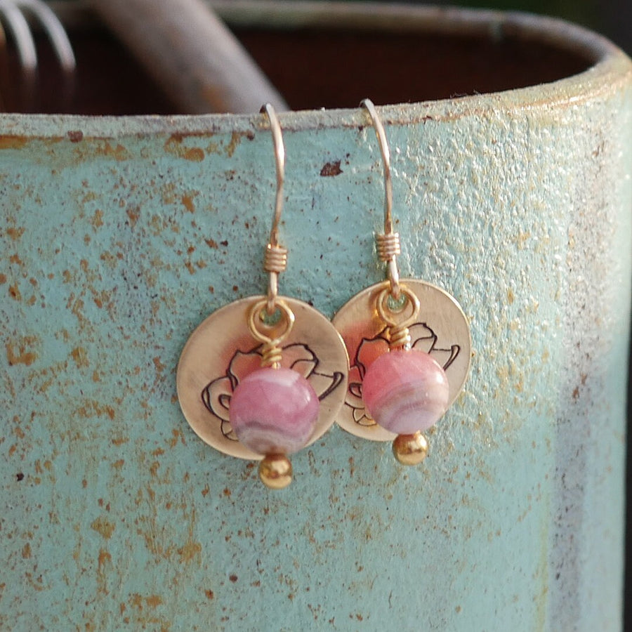 Artisan Gold Filled & Pink Rhodocrosite with Magnolia Bloom Earwires Drop Dangle Earrings Beautiful Blossom Life Tree