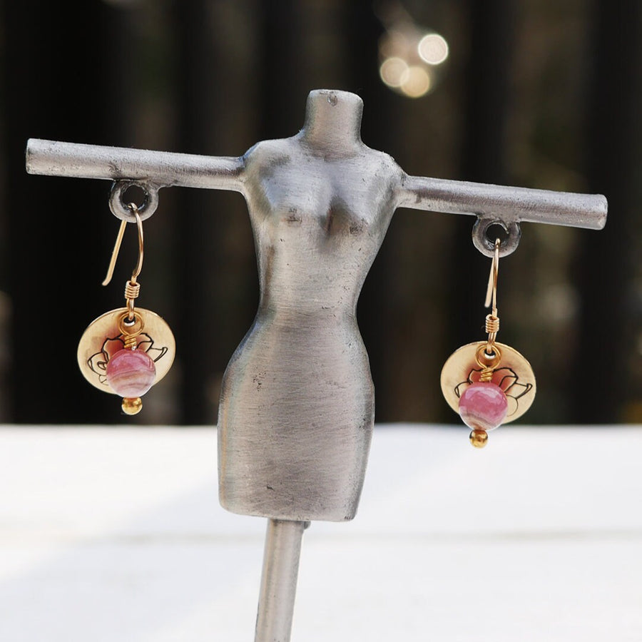 Artisan Gold Filled & Pink Rhodocrosite with Magnolia Bloom Earwires Drop Dangle Earrings Beautiful Blossom Life Tree