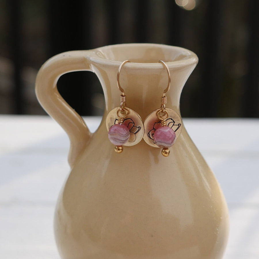 Artisan Gold Filled & Pink Rhodocrosite with Magnolia Bloom Earwires Drop Dangle Earrings Beautiful Blossom Life Tree