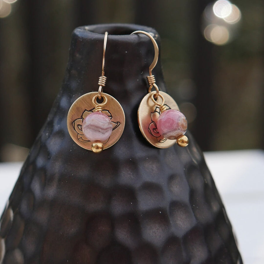 Artisan Gold Filled & Pink Rhodocrosite with Magnolia Bloom Earwires Drop Dangle Earrings Beautiful Blossom Life Tree