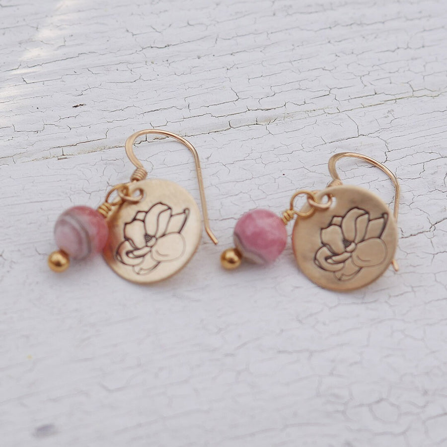 Artisan Gold Filled & Pink Rhodocrosite with Magnolia Bloom Earwires Drop Dangle Earrings Beautiful Blossom Life Tree